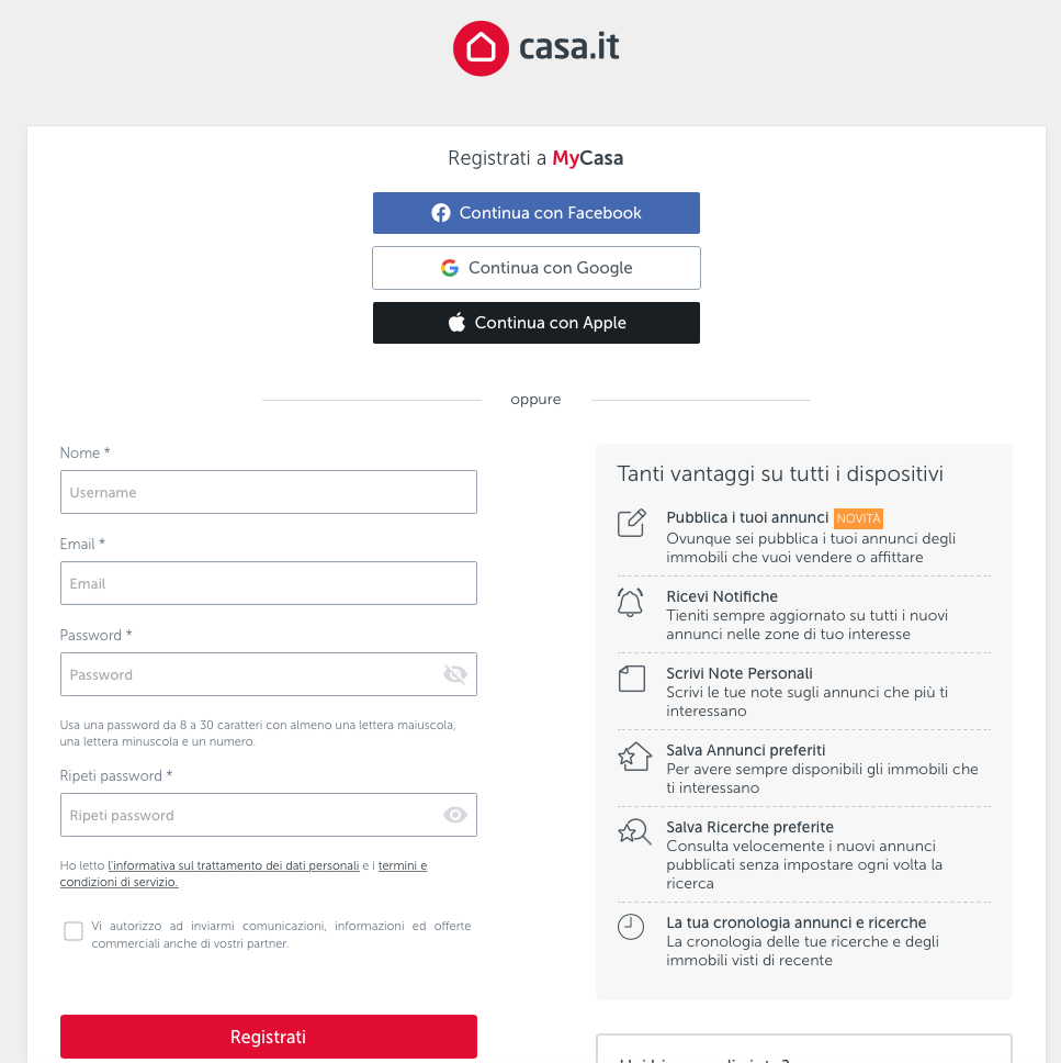 Schermata di registrazione a casa.it